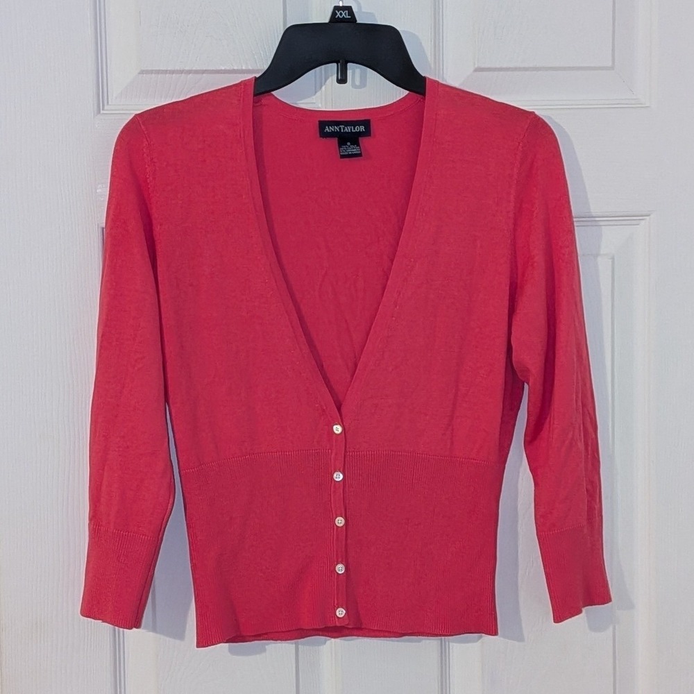 Ann Taylor Coral Pink Silk Cotton Cashmere V-Neck Button Cardigan Sweater Small